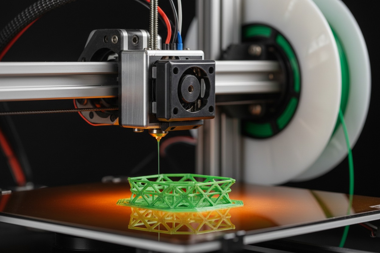 Een 3D-printer bouwt een groen geometrisch object op een reflecterende bouwplaat.
